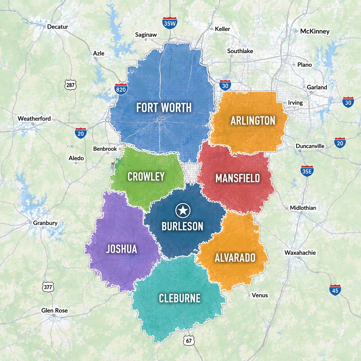Areas We Serve map showing Burleson, Crowley, Joshua, Alvarado, Cleburne, Mansfield, Fort Worth, and Arlington, Texas