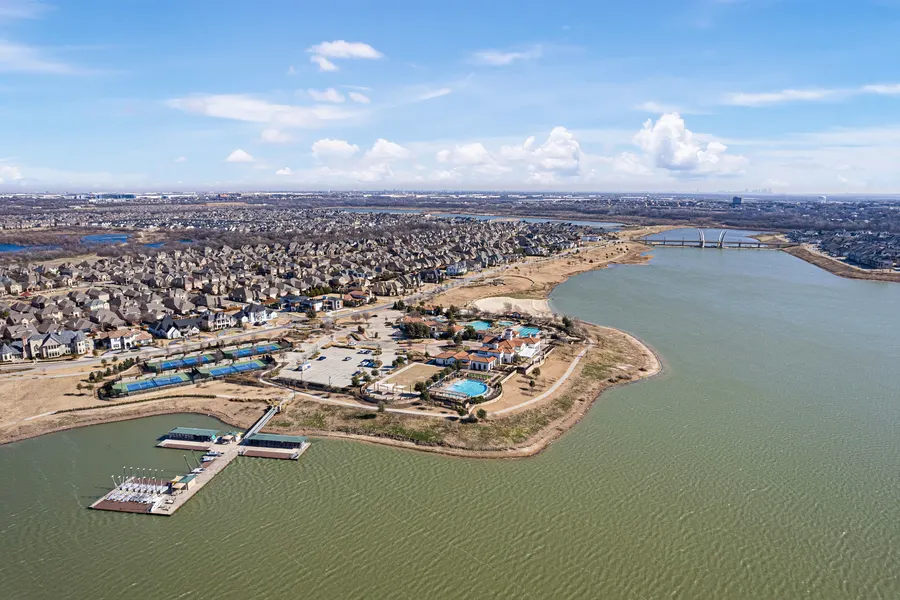 Aerial view of Viridian's lake, marina, and amenity village in Arlington, Texas