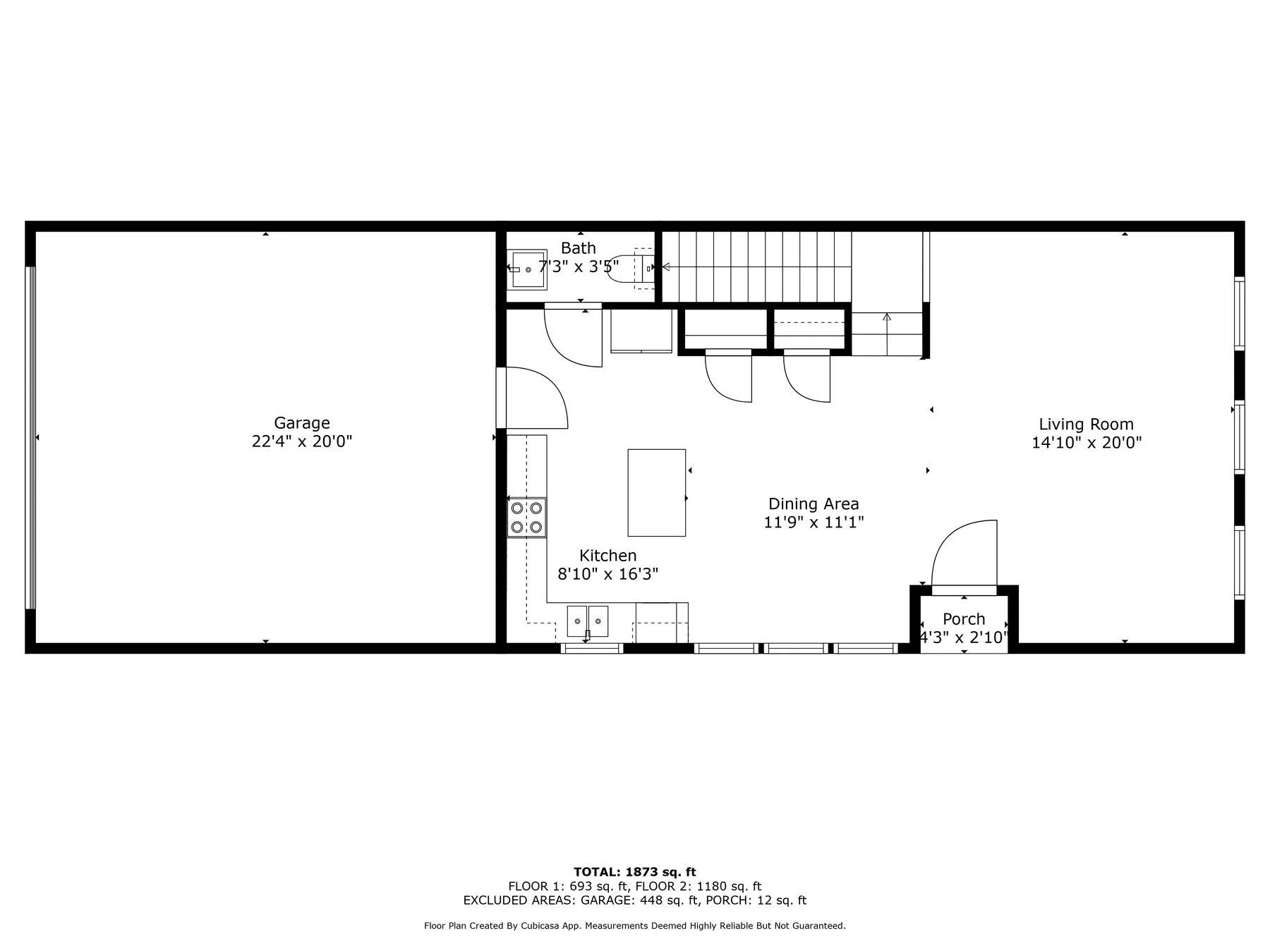 First floor plan of 4335 Fall Blossom Dr with dimensions for the garage, kitchen, dining area, and living room