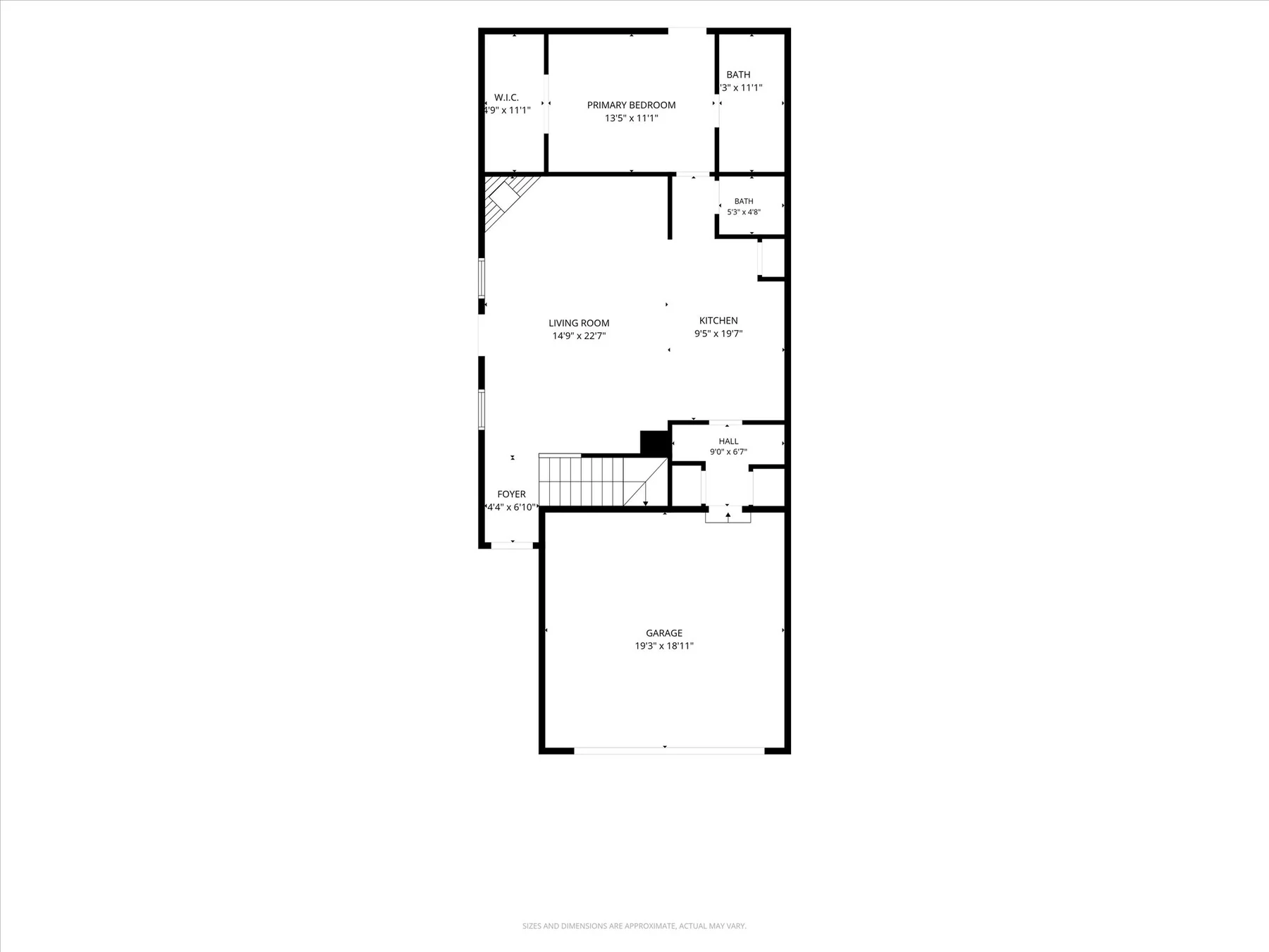 First floor plan of 716 River Hill Ln with dimensions for the living room, kitchen, primary bedroom, foyer, and garage